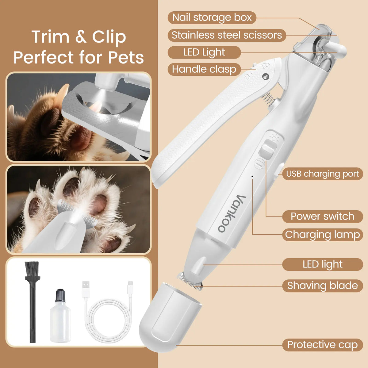 Vankoo 2-In-1 Dog Nail Clipper & Paw Hair Trimmer Kit with LED Light, Pet Paw Trimmer Rechargeable & Waterproof – Small Dog Grooming Clippers– Safe for Dogs & Cats Low Noise Pet Shaver #Summervibes #Petlovers
